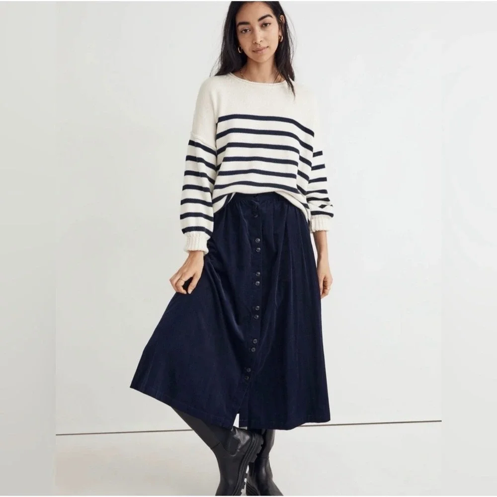 Madewell Navy Blue Corduroy Button Front Midi Skirt Elastic Waist Pockets M